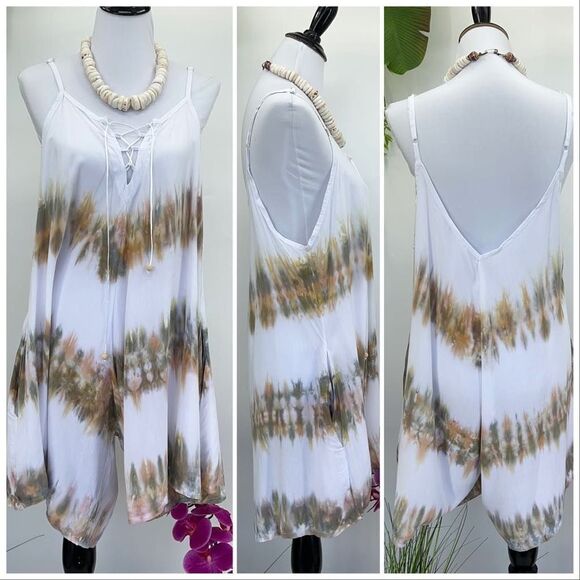 Kau wela Summer Mini Romper Beach Boho Romper Gypsy Overall Wide Leg White - Picture 1 of 14